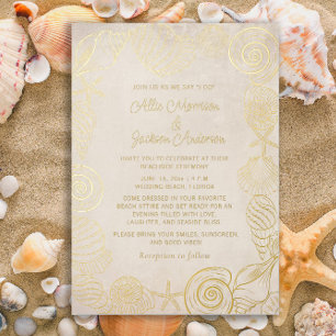 Beach Seashells Sand Seaside Wedding  Foil Holiday Card