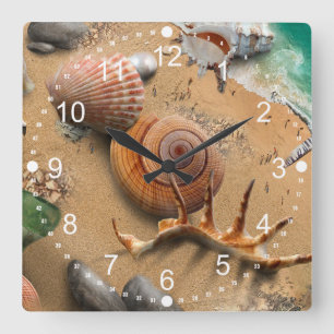 Beach Seashells Sand Waves Summer Square Wall Clock