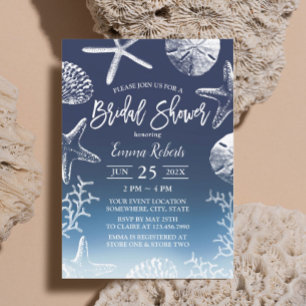 Beach Seashells Starfish Navy Ombre Bridal Shower Invitation