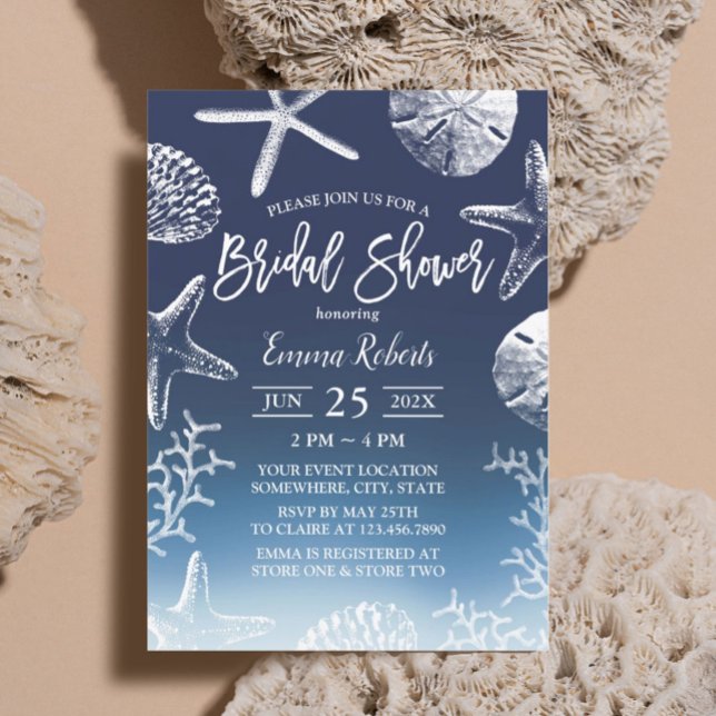 Beach Seashells Starfish Navy Ombre Bridal Shower  Invitation (Creator Uploaded)
