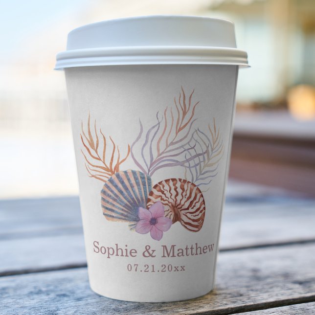 Beach Seashells Watercolor Coastal Chic Wedding Paper Cups (Creator Uploaded)