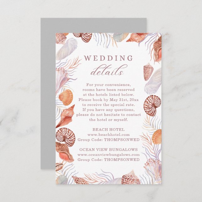Beach Seashells Watercolor Coastal Wedding Details Enclosure Card (Front/Back)