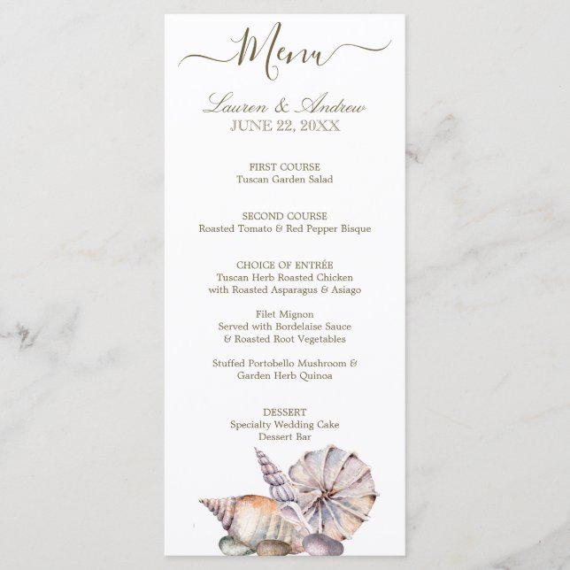 Beach Seashells | Watercolor Nautical Wedding Menu (Front)