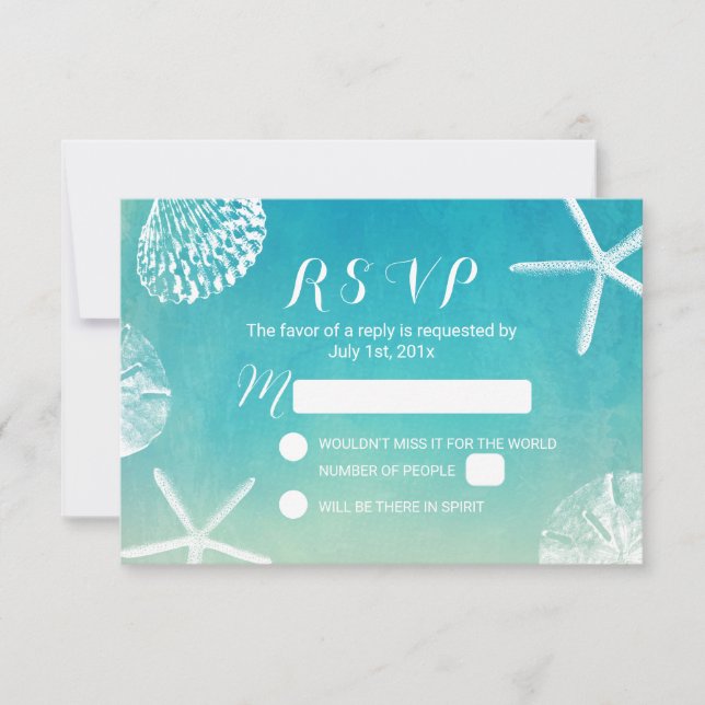 Beach Seashells Watercolor Turquoise Wedding RSVP Card (Front)