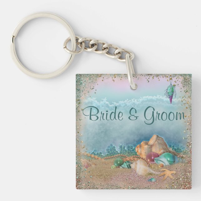 Beach Seashells Wedding Key Ring (Front)