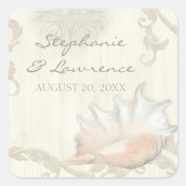 Beach Seashore Shell Wooden Wedding Bridal Shower Square Sticker (Front)