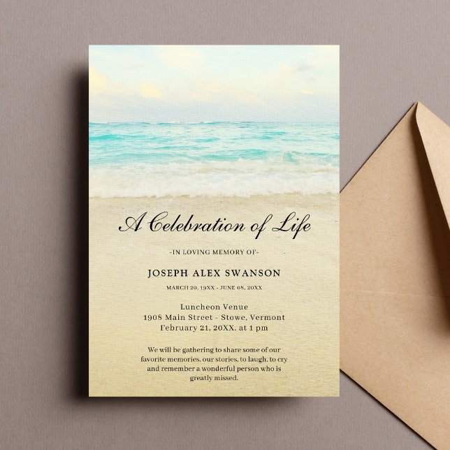 Beach Seaside Ocean Celebration of Life Funeral Invitation (Beach Celebration of Life Invitation)