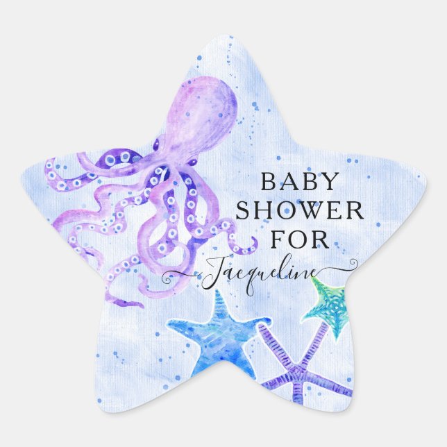 Beach Seaside Purple Octopus Starfish Baby Shower Star Sticker (Front)