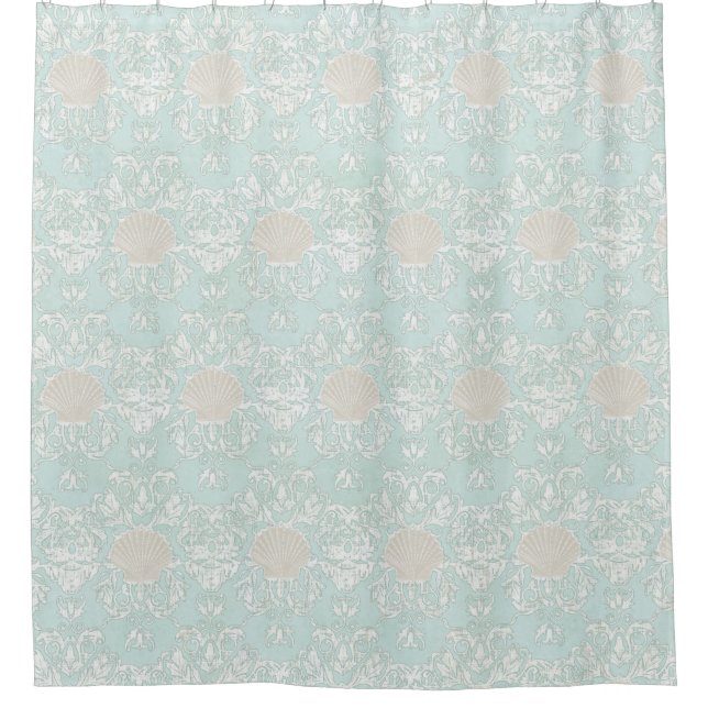 Beach Seaside Seashells Blue White Damask Pattern Shower Curtain (Front)