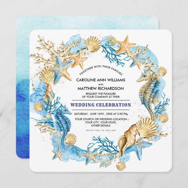 Beach | Seaside Seashells Watercolor Wedding Invitation (Front/Back)
