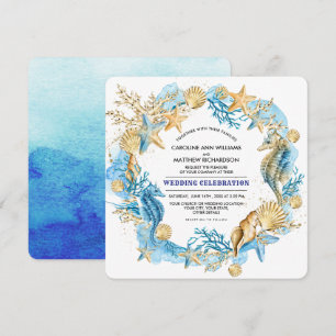 Beach Seaside Seashells Watercolor Wedding Invitation