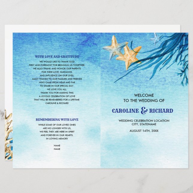 Beach | Seaside Watercolor Wedding Folded Program (Front/Back)
