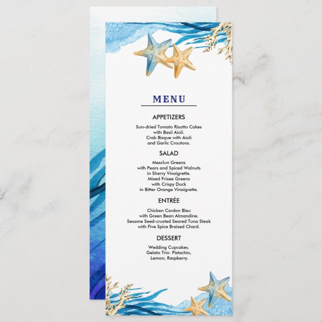 Beach | Seaside Watercolor Wedding Menu Cards (Front/Back)