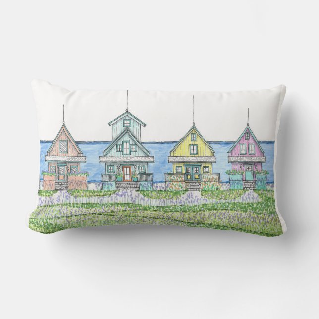 Beach Shack Life 1; Lumbar Pillow; Blue Cushion (Front)