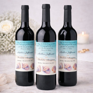 Beach Shell Watercolor Elegant Wedding Blue Wine Label