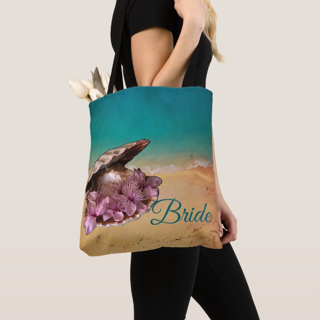 Beach Shell With Flowers On The Beach (Your Text) Tote Bag (Close Up)