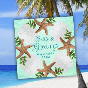 Beach Shells Christmas Love Wreath Flat Holiday Card