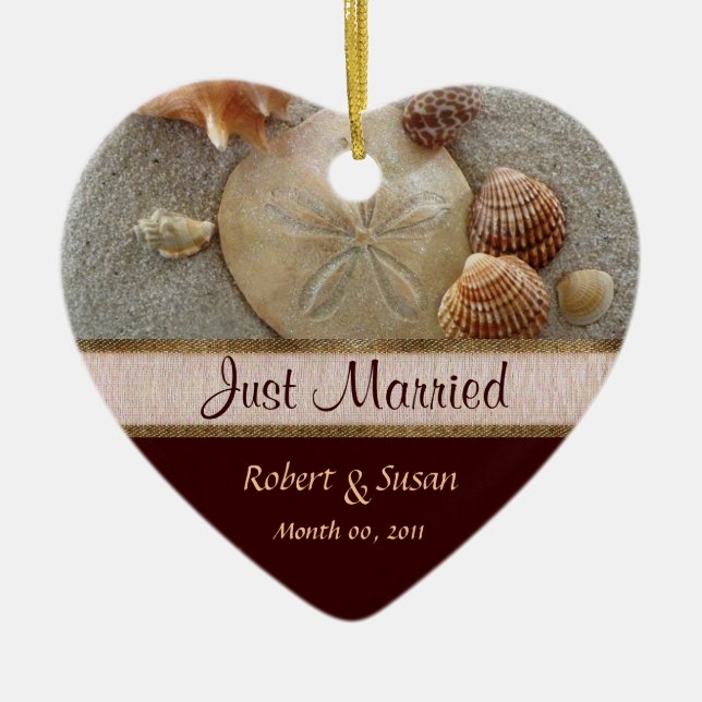 Beach Shells Heart Shaped Wedding Favour Ceramic Ornament (Front)