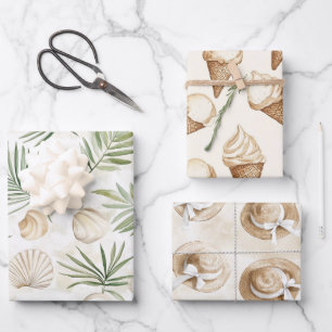 Beach Shells Leaves Ice Cream Cones Sun Hats Wrapping Paper Sheet