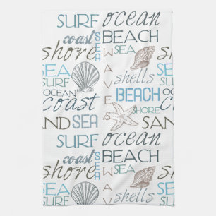 Beach Shells Sea Sand Blue Tea Towel