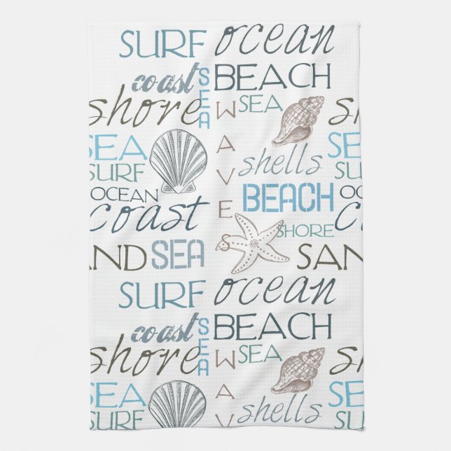 Beach Shells Sea Sand Blue Tea Towel (Vertical)