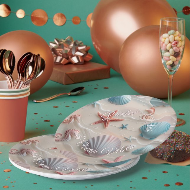 Beach Shells, Starfish & Seahorses Pink Sand Party Paper Plate (Multi)