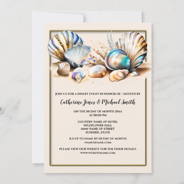 Beach shells tropical seashells iridescent ocean invitation (Front)
