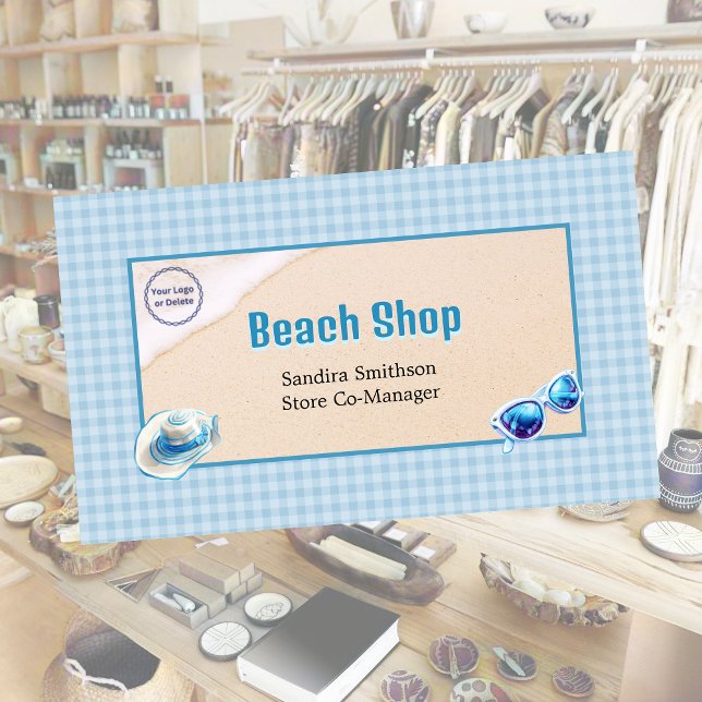 Beach Shop Gingham Sunglasses Hat Sand Gingham Business Card (Creator Uploaded)