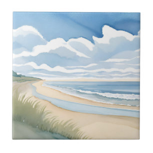 Beach Shore Walk   Coastal Ocean Watercolor Ceramic Tile