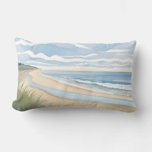 Beach Shore Walk Coastal Ocean Watercolor Lumbar Cushion