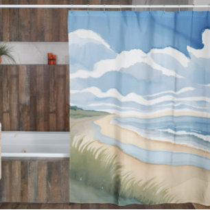Beach Shore Walk   Coastal Ocean Watercolor Shower Curtain