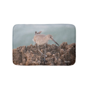 Beach Shorebird Willet with Teal Ocean Background Bath Mat