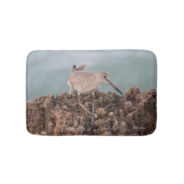 Beach Shorebird Willet with Teal Ocean Background Bath Mat (Front)
