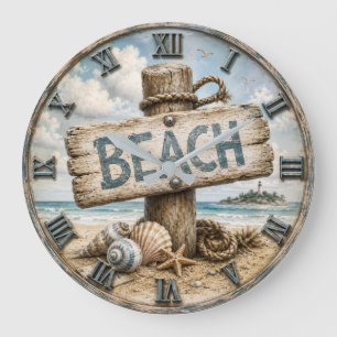 Beach Sign Coastal Beach House Nautical Large Clock