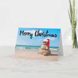 Beach Snowman Sand Merry Christmas Greeting Card