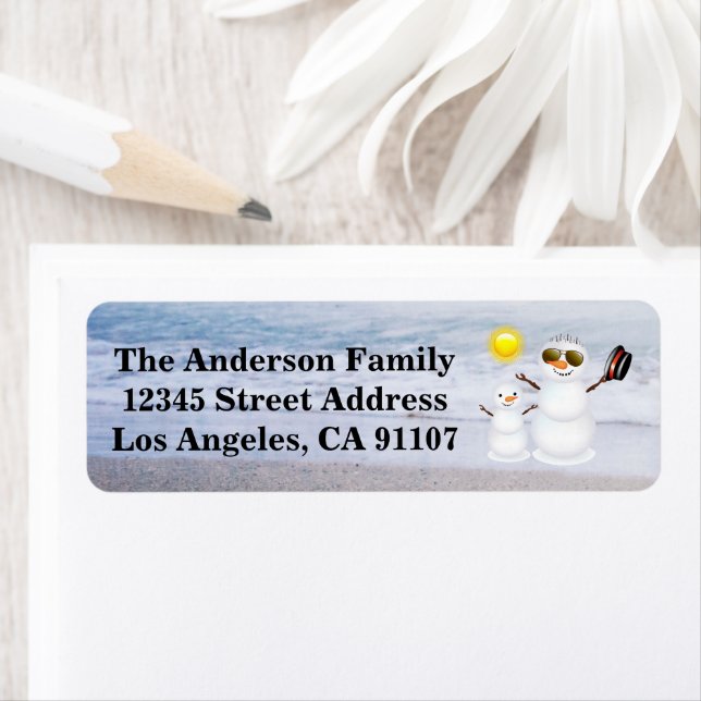 Beach Snowman & Son Return Address Labels (Insitu)