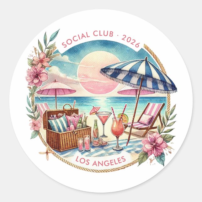 Beach Social Club Bachelorette Weekend Custom Classic Round Sticker (Front)