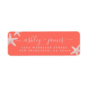 Beach Starfish Bright Coral Wedding Return Address Label