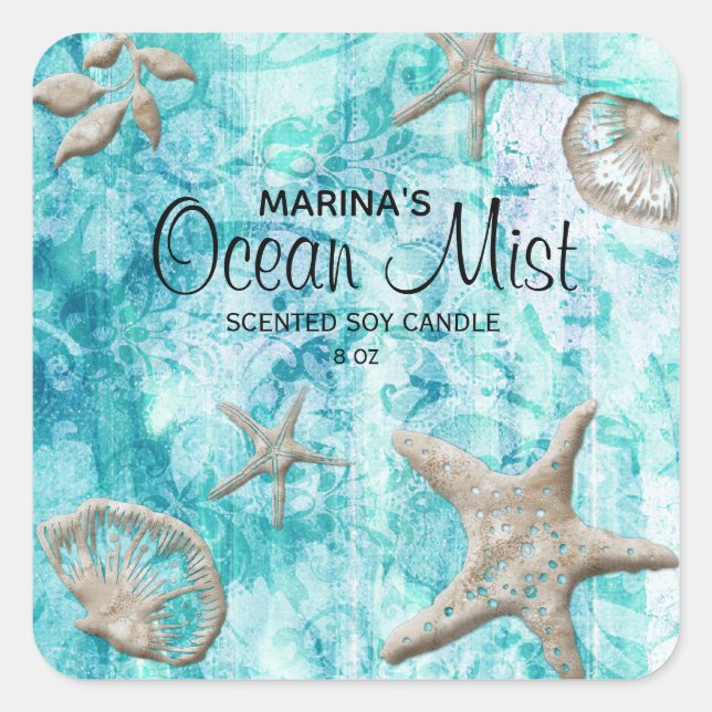 Beach Starfish Candle Seashell Blue Square Sticker (Front)