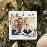 Beach Starfish Family Photo Christmas White Ceramic Ornament<br><div class="desc">This beach inspired Christmas ornament with classic white background makes a great annual holiday keepsake, easily customised for a unique gift with the photo and text templates. Holiday watercolor sprigs of holly, pine, and starfish in two corners frame the photo on both sides. Please contact me through Zazzle Chat if...</div>