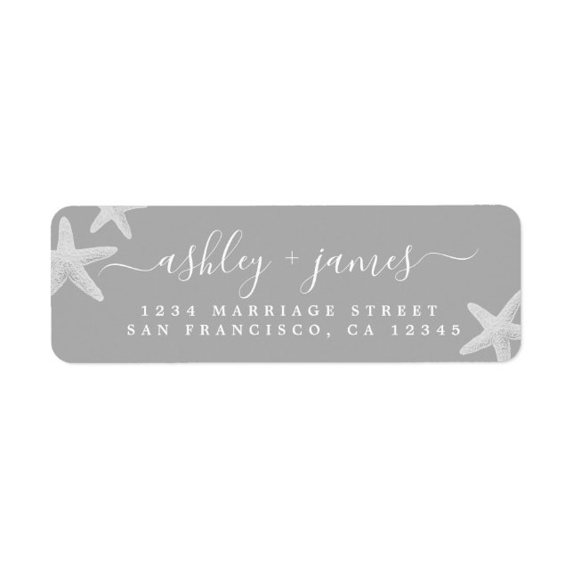 Beach Starfish Gray Wedding Return Address Label (Front)
