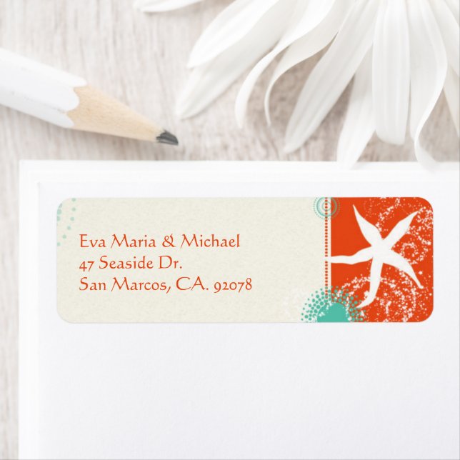 Beach Starfish Red Aqua Wedding Return Address Label (Insitu)