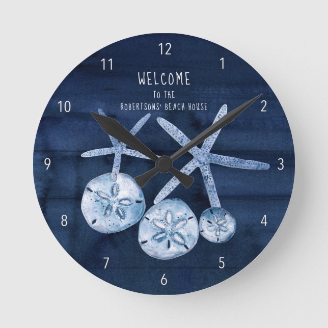 Beach Starfish Sand Dollar Modern Navy Blue Wood R Round Clock (Front)
