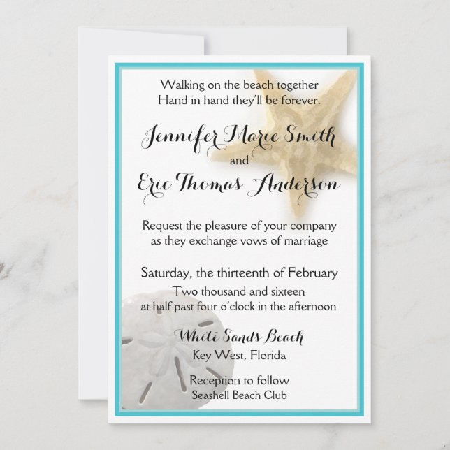 Beach Starfish Sand Dollar Wedding Invitation Aqua (Front)