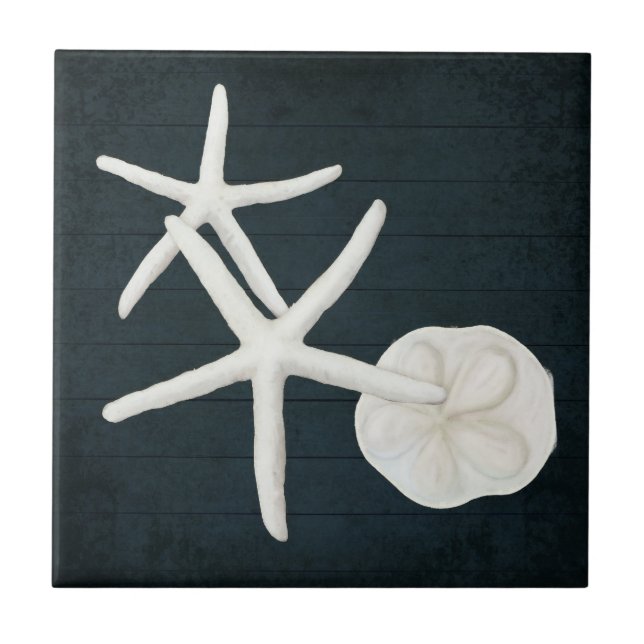 Beach Starfish Sanddollar Shells Navy Blue Wood Ceramic Tile (Front)