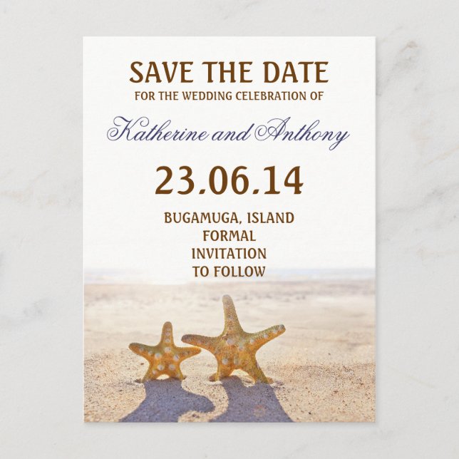 beach starfish save the date romantic announcement postcard (Front)