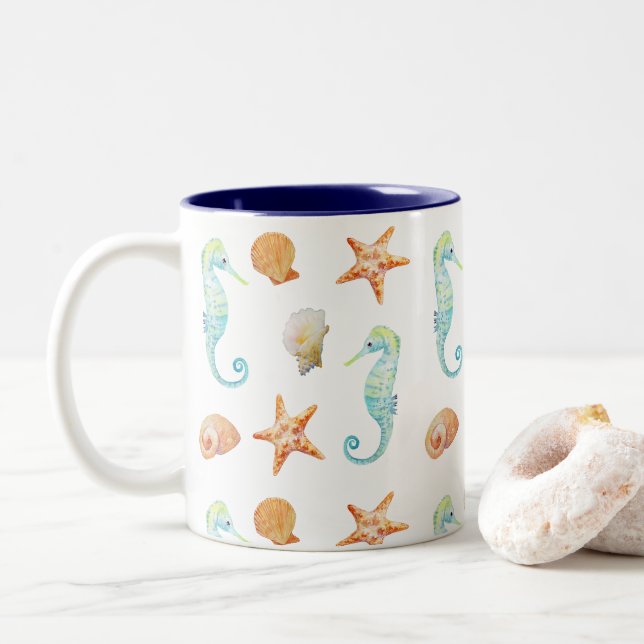 Beach Starfish Seahorse Shells Two-Tone Coffee Mug (With Donut)