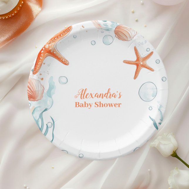 Beach Starfish & Seashells Elegant Baby Shower Paper Plate (Creator Uploaded)