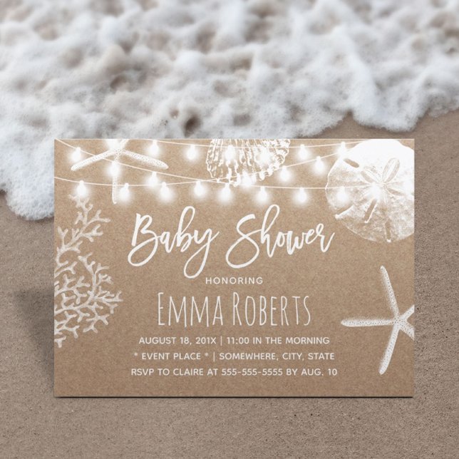 Beach Starfish Seashells Rustic Kraft Baby Shower Invitation (Creator Uploaded)