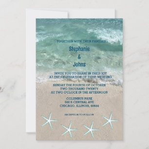 Beach Starfish Teal Turquoise Ocean Waves Wedding Invitation